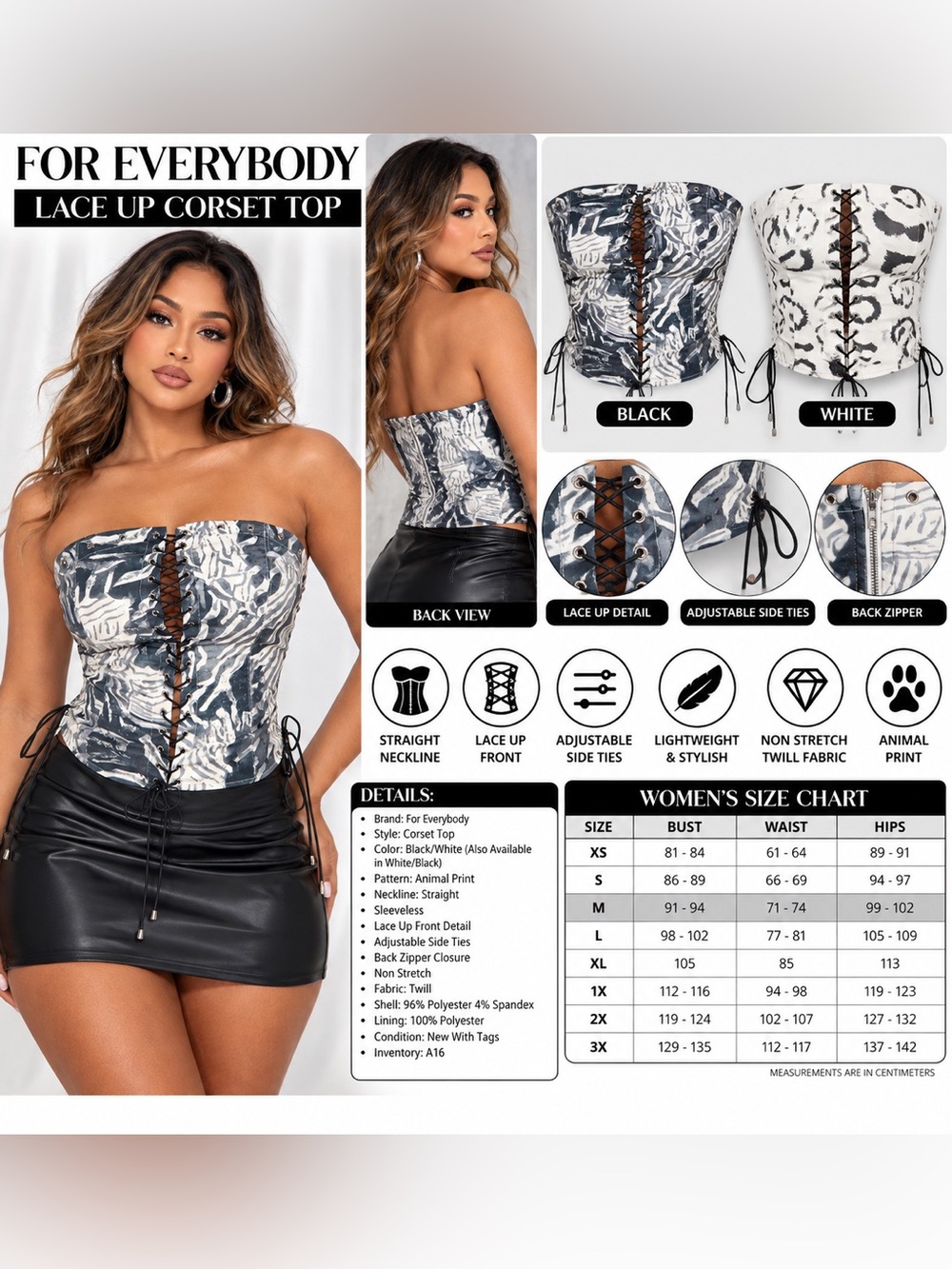 FOR EVERYBODY LACE-UP CORSET TOP – BLACK/WHITE SIZE MEDIUM (NEW WITH TAGS) A16